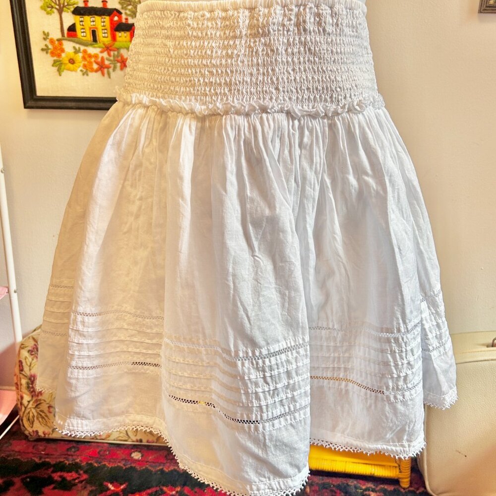 Stile Benetton White Cotton Skirt XS-L | Boho Peasant Smocked Waist Mini - Picture 6 of 7